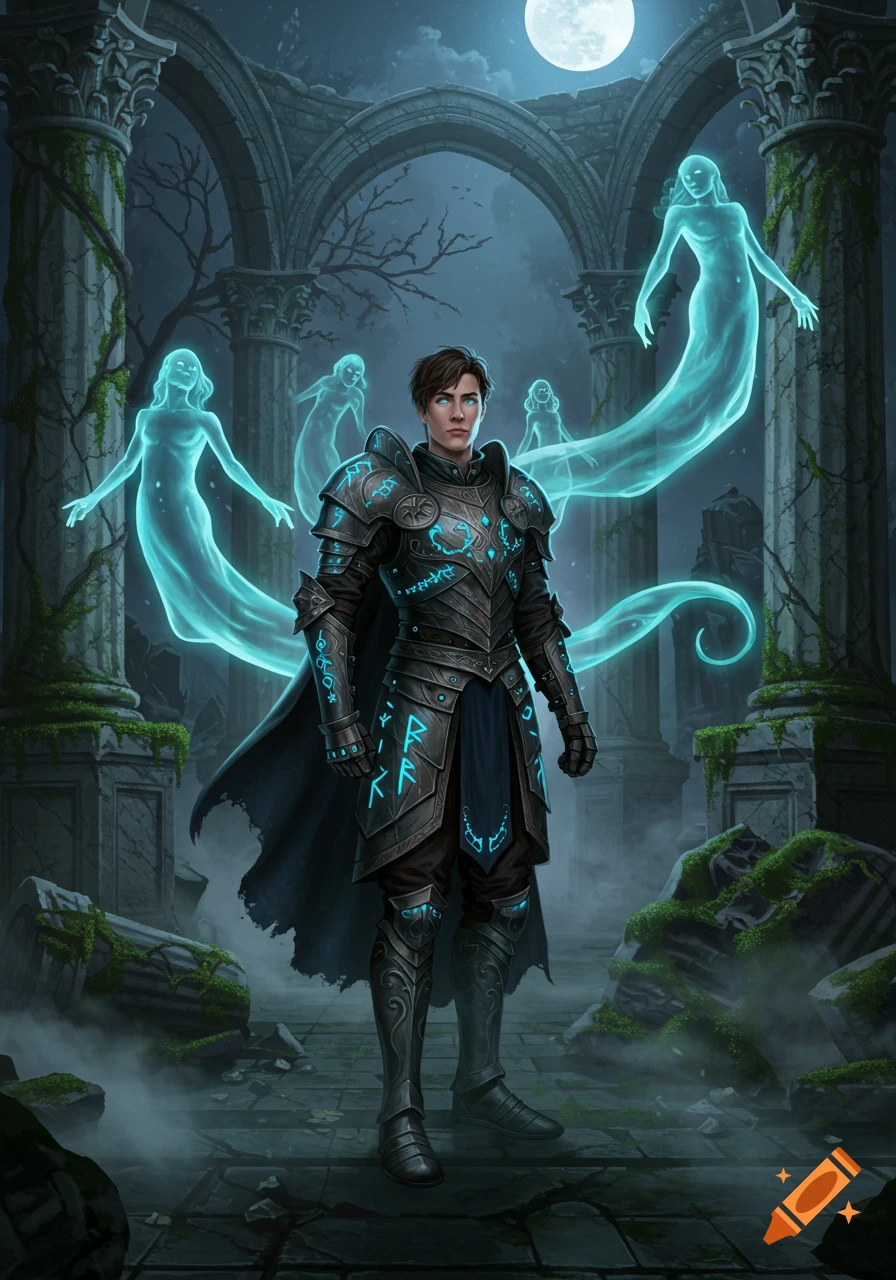 A young man in glowing rune-covered fantasy armor stands in misty ruins, surrounded by ethereal blue ghosts under a full moon.