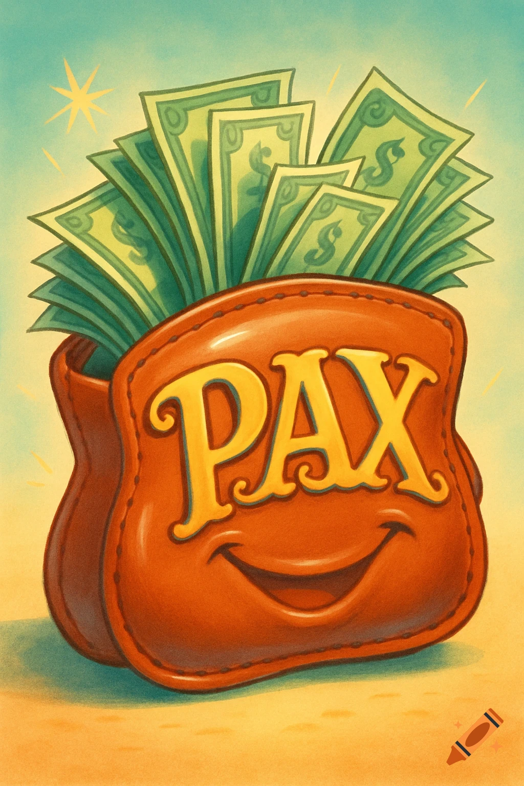 A stylized cartoon wallet overflowing with green cash, featuring the word 'PAX' and a smiling mouth on its front.