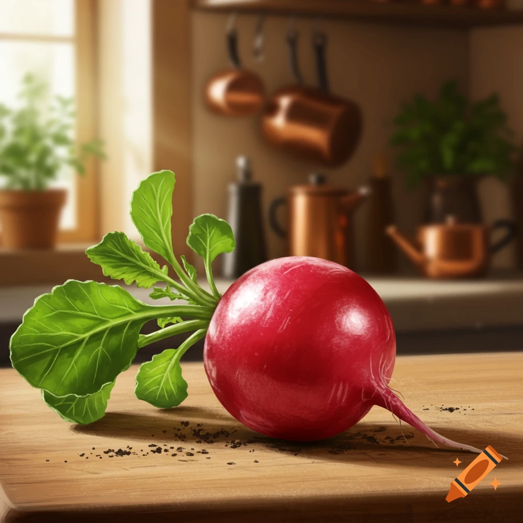 A vibrant red radish with green leaves rests on a wooden kitchen counter, with a soft-focus background of a sunlit kitchen.