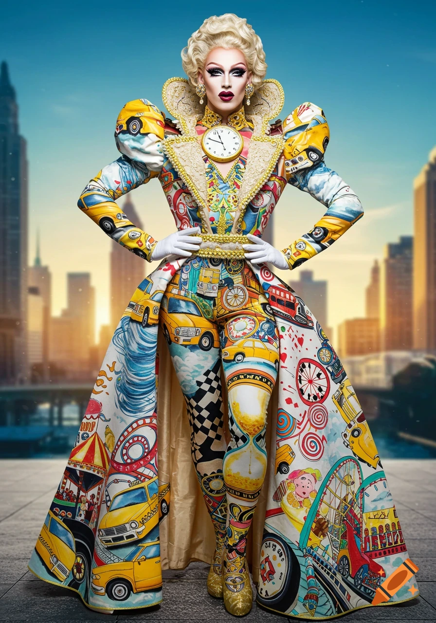 A drag performer in an elaborate maximalist outfit featuring illustrations of yellow cabs, hourglasses, and funfair rides, posing against a city skyline.