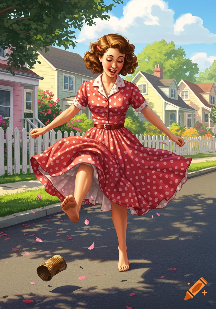 A joyful barefoot 1950s woman in a red polka-dot dress dances on a street, kicking a can, houses in the background.