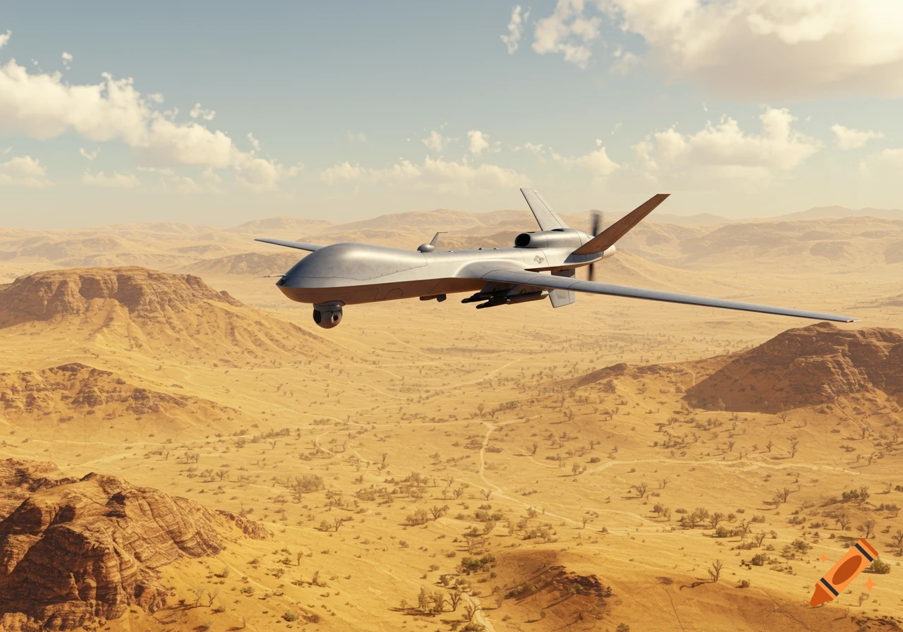 A photorealistic gray military drone, equipped with armaments, flies over a vast, arid desert landscape.