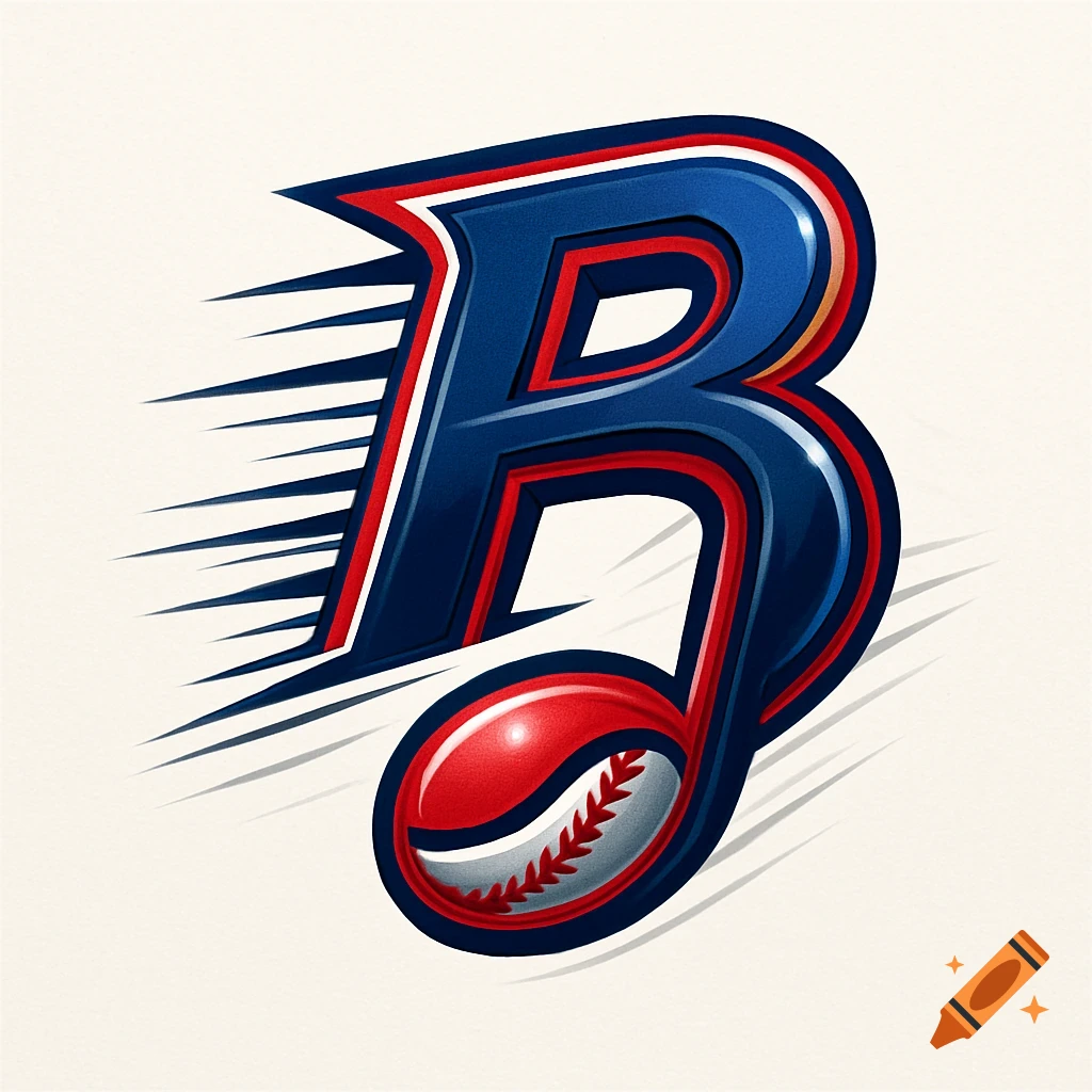 A stylized letter B logo in blue, red, and white, resembling a music note with baseball stitching.