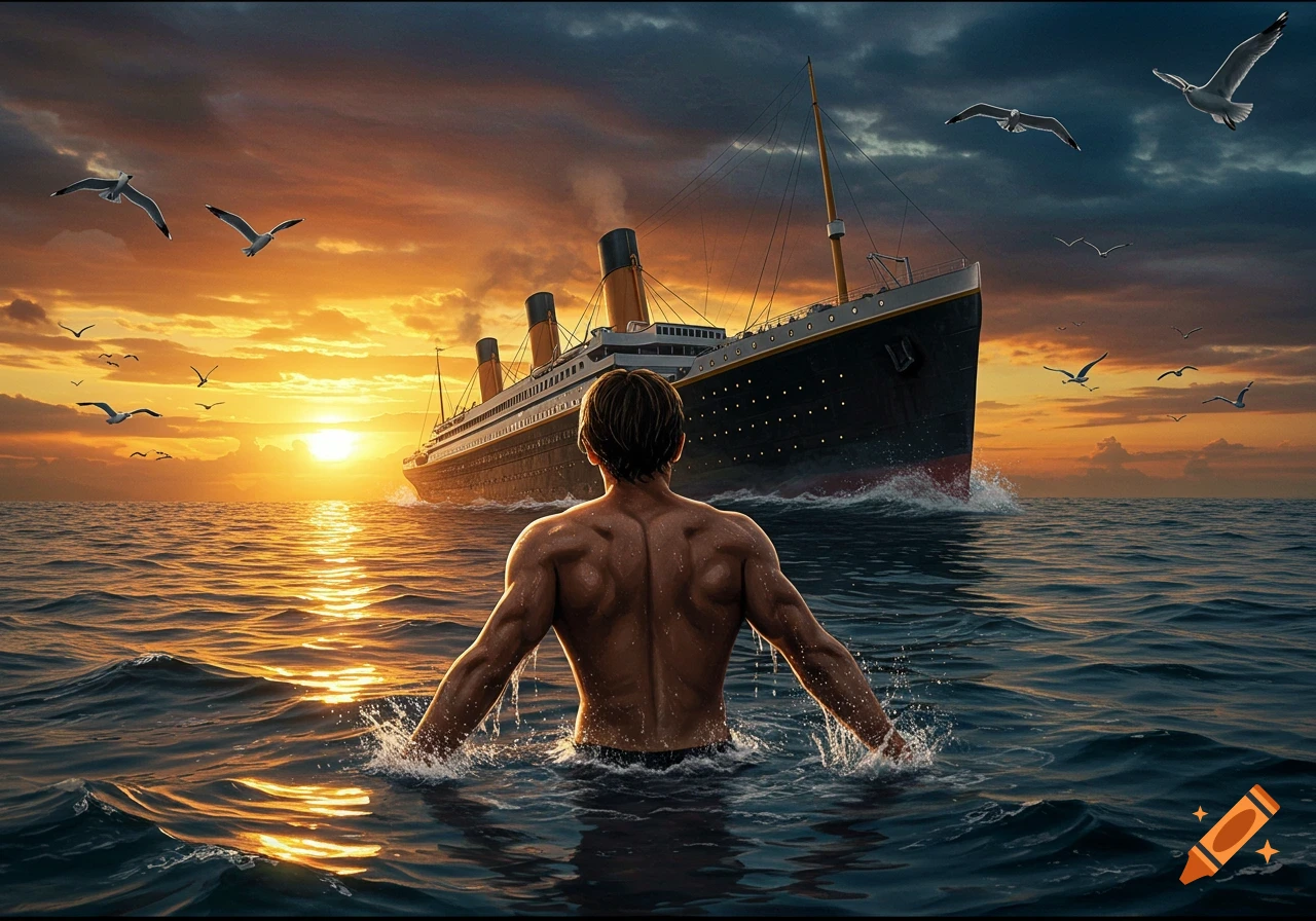 A muscular man, seen from behind, wading in the ocean at sunset, looking towards the large Titanic ship in the distance.