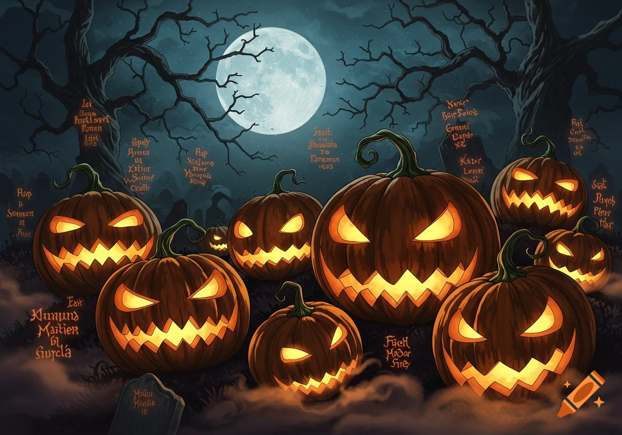 Many glowing jack-o'-lanterns in a spooky graveyard under a full moon with gnarled trees, gothic comic style.