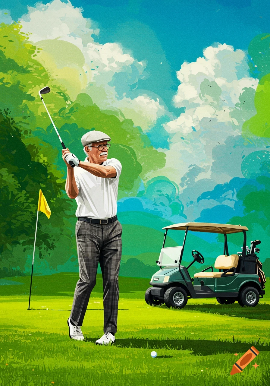 An elderly man in a white polo and plaid pants swings a golf club on a green course, with a golf cart in the background, in a stylized illustration.