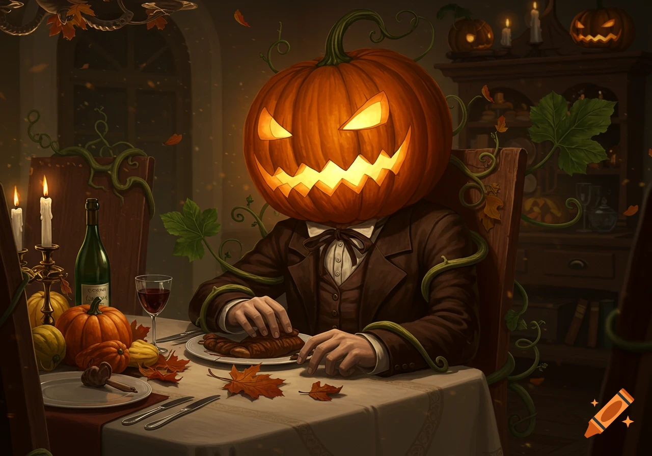 A jack-o-lantern headed figure with pumpkin vines, sitting at a candlelit dinner table adorned with autumn leaves and pumpkins.