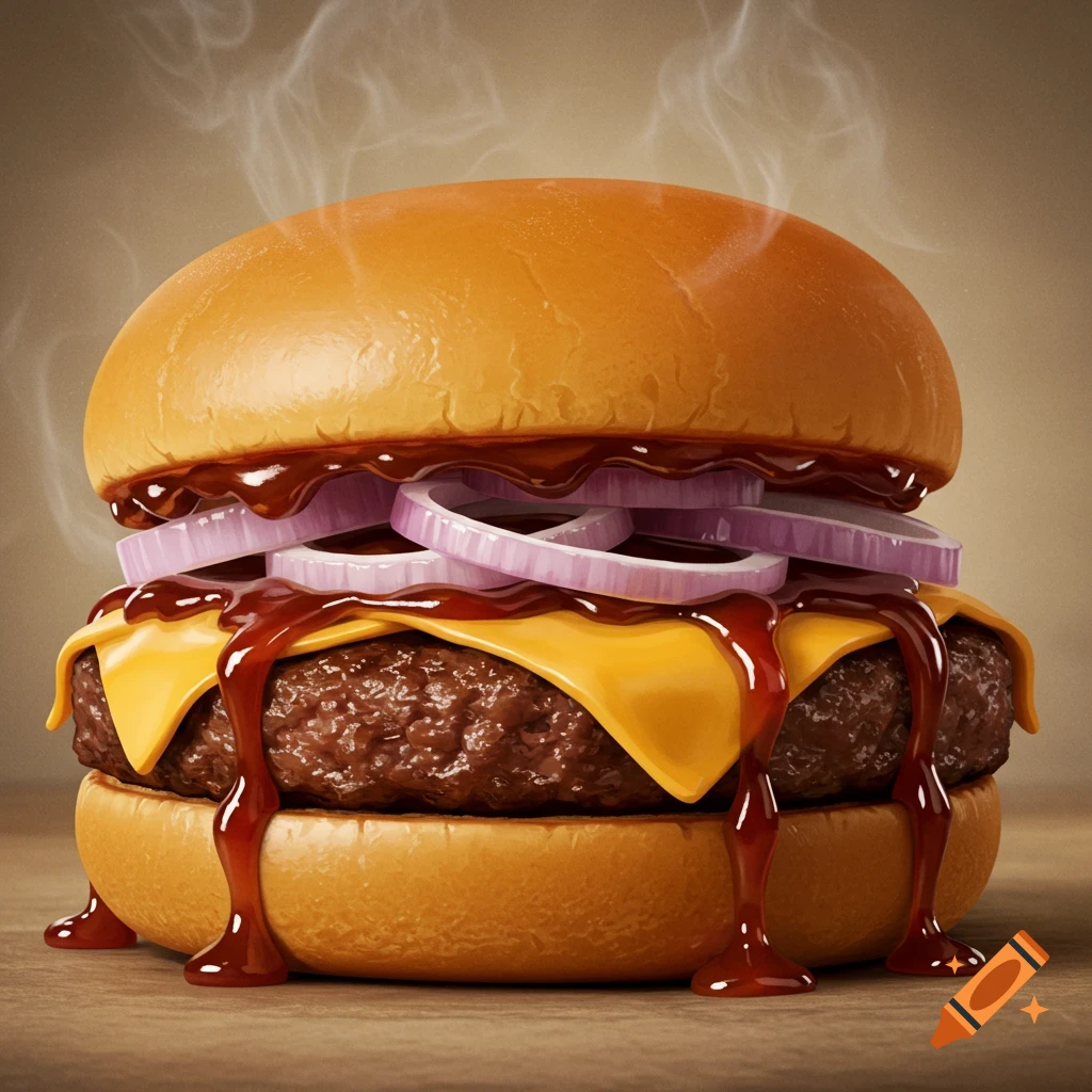 Close-up of a steaming burger with a plain bun, beef patty, melted American cheese, purple onion rings, and dripping BBQ sauce.