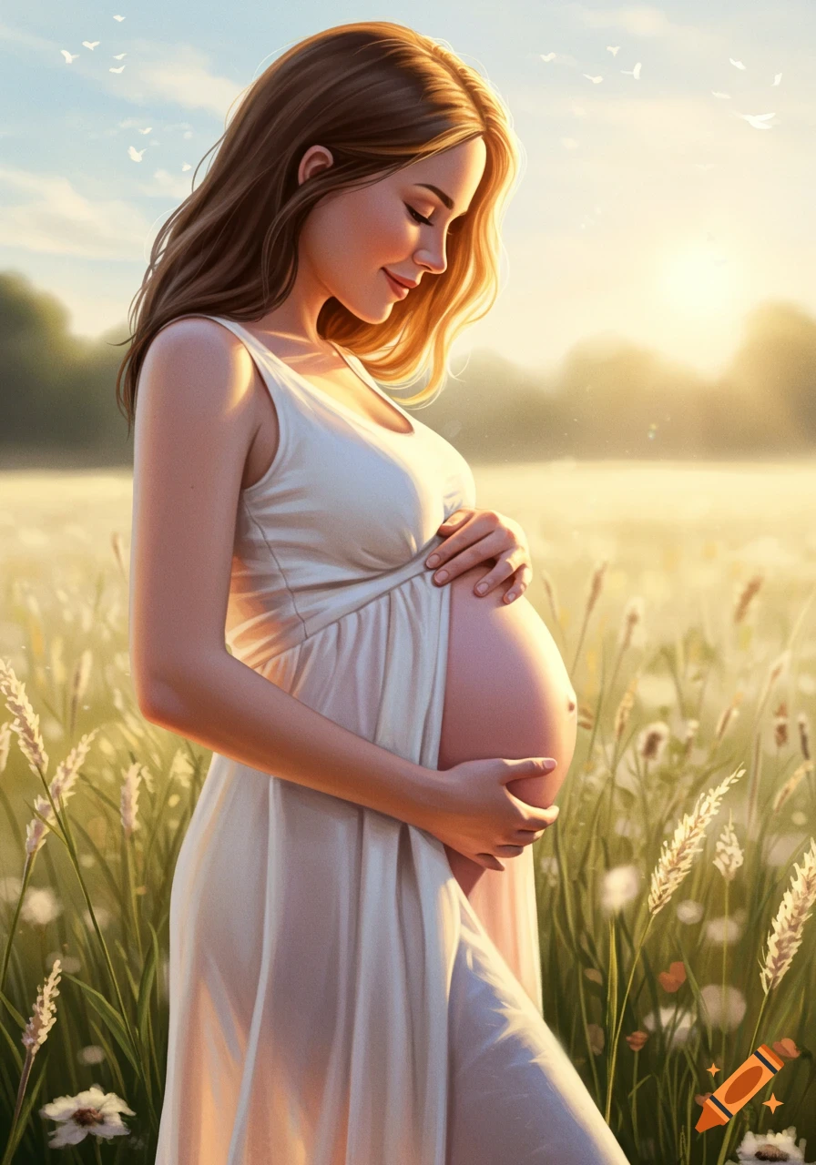 A smiling pregnant woman in a white dress cradles her bare belly in a sunny field at sunset.