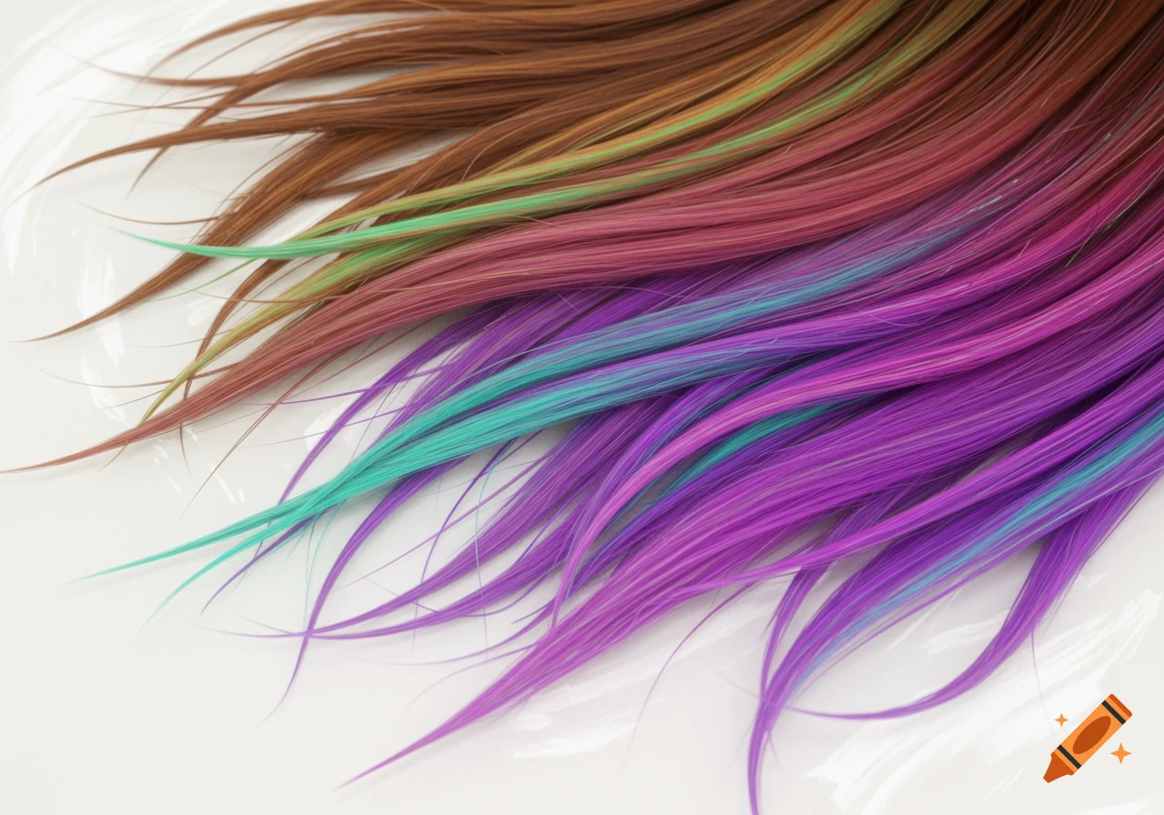 Close-up of strands of vibrant brown, green, pink, teal, and purple hair fanned out on a white surface.