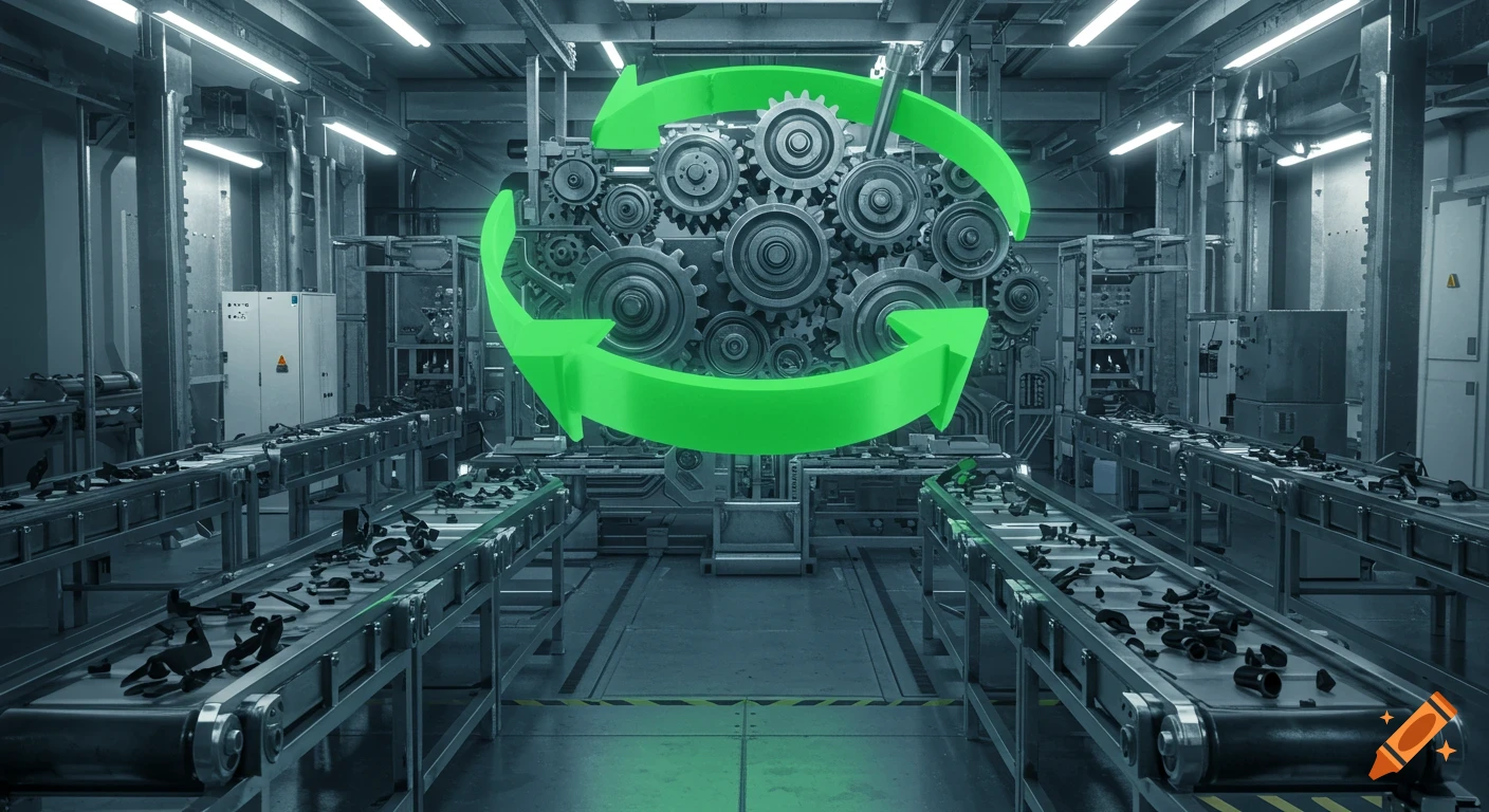 A green recycling symbol floats above interconnected gears and conveyor belts moving parts on a factory floor.