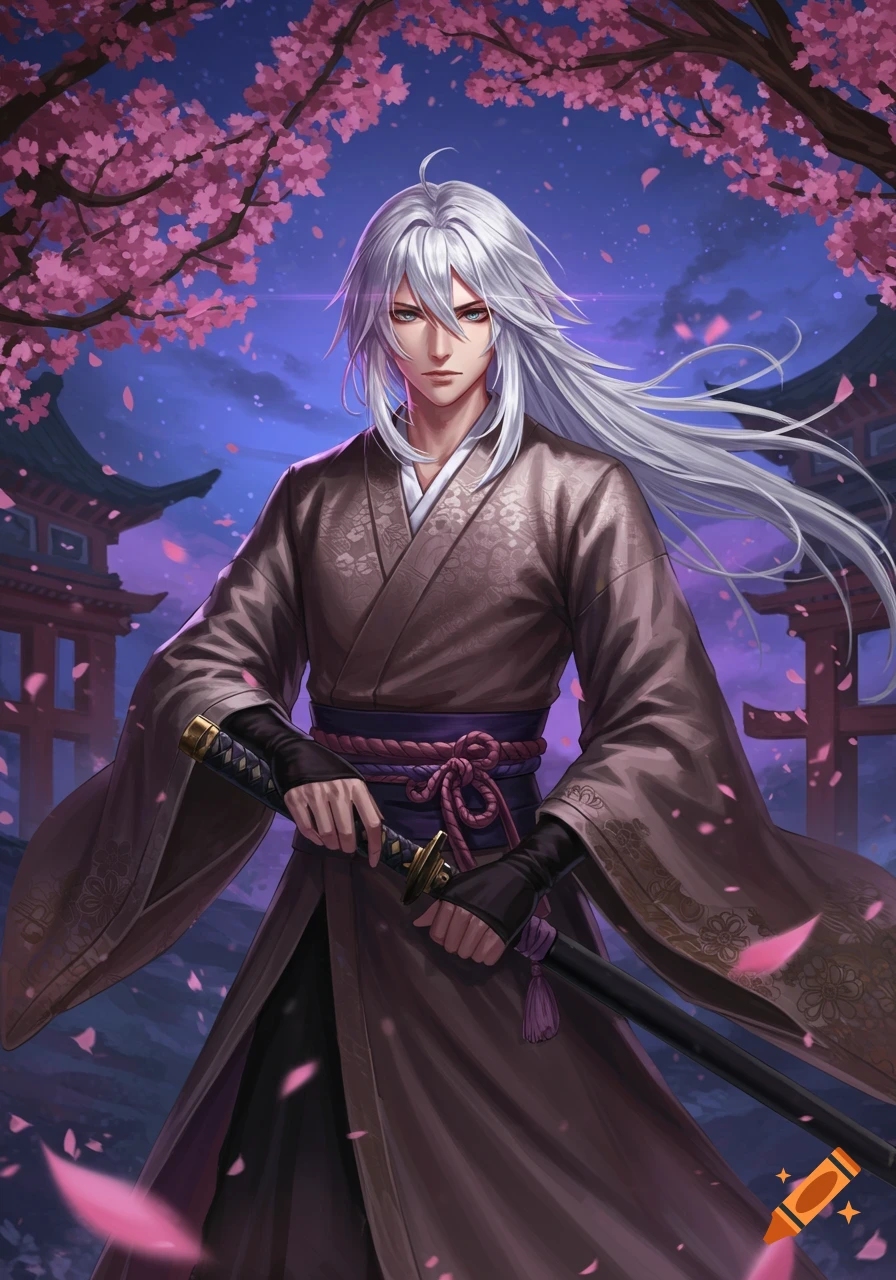 Anime male warrior with long white hair in a brown kimono, holding a katana under cherry blossoms at night.