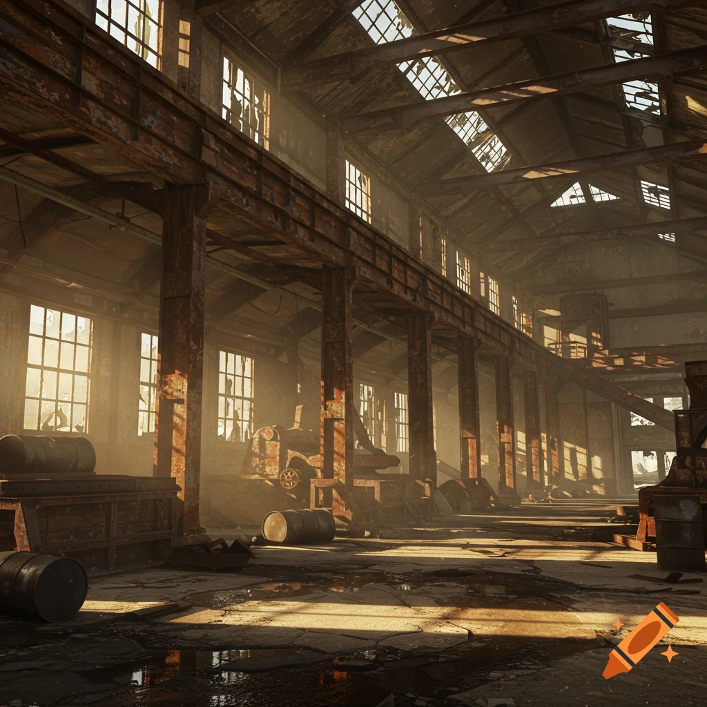 Photorealistic view of a dusty, abandoned factory interior with sunlight streaming through broken windows, highlighting rusty beams and debris.