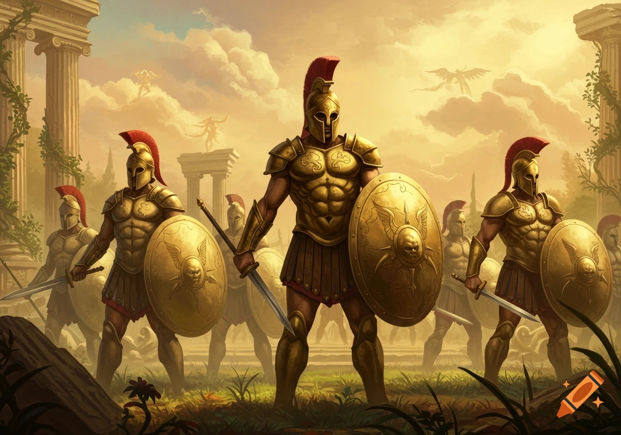 A group of golden armored Myrmidon warriors with shields and swords stand in a mystical ancient landscape with ruins and mythical figures in the sky.