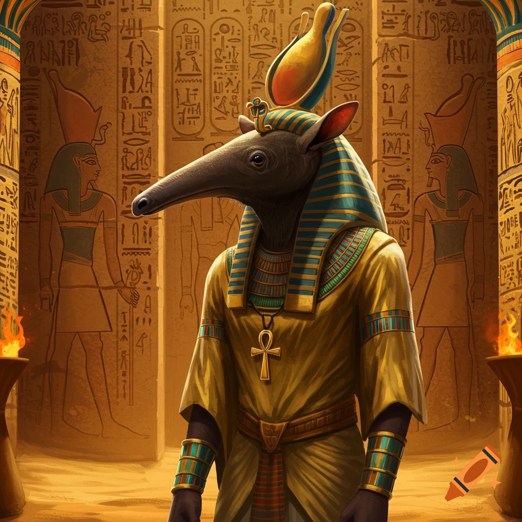 An Egyptian god with an anteater head, wearing pharaonic regalia, stands in an ancient temple with hieroglyphics.