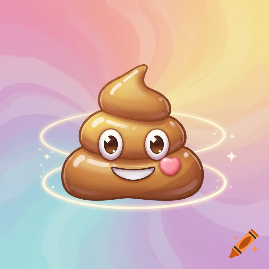 A cute, smiling poop emoji with a pink heart on its cheek, surrounded by glowing rings, against a colorful, swirly pastel background.