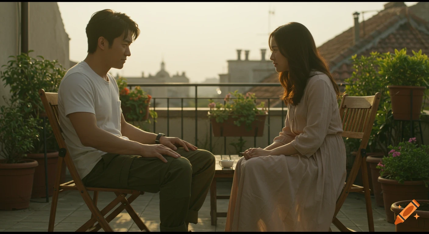 A man and woman sit facing each other on a sunny terrace with potted plants, engaged in conversation, cinematic style.