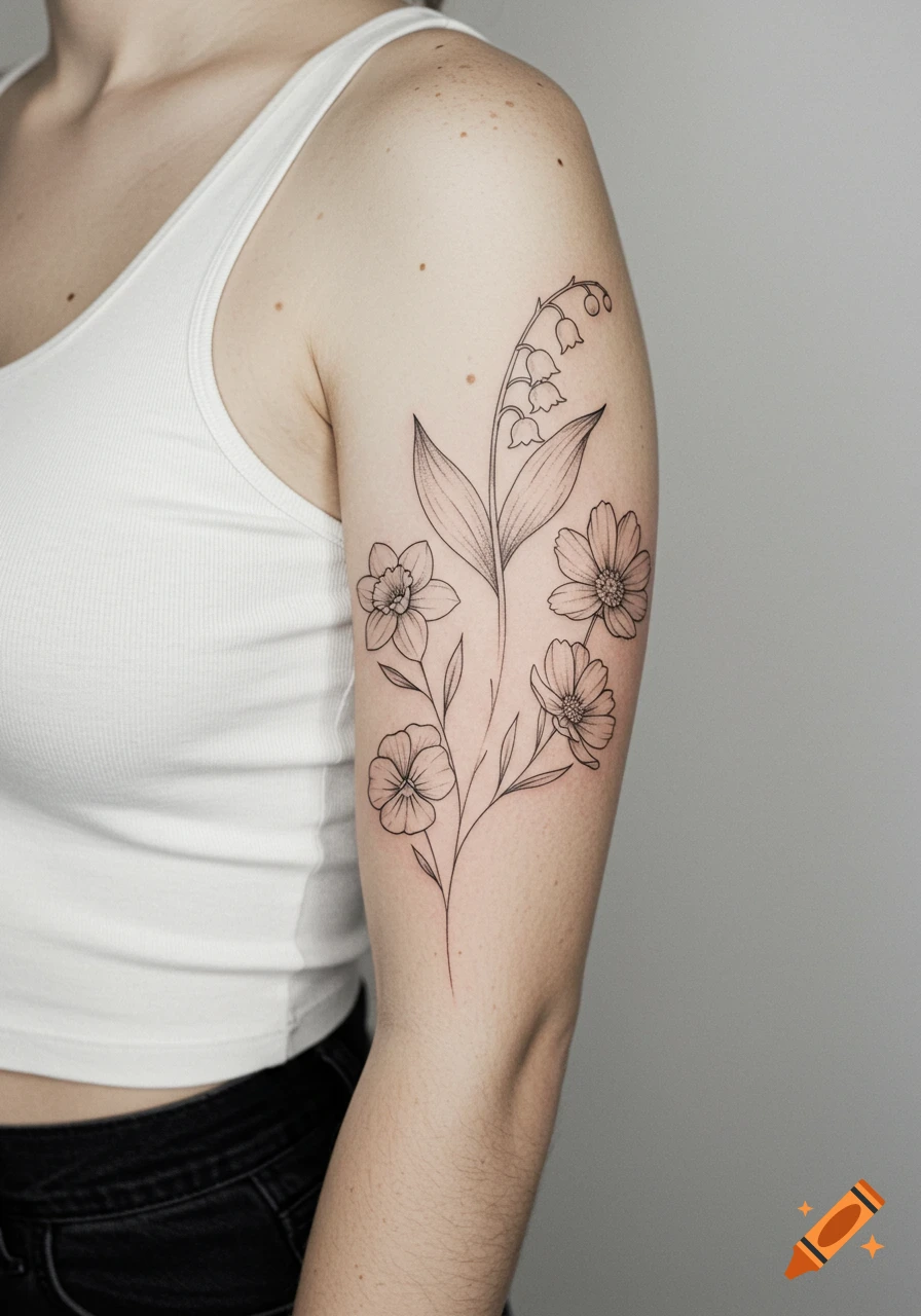 Close-up of a woman's arm featuring a fine-line botanical tattoo with lily of the valley, daffodils, cosmos, and violets.