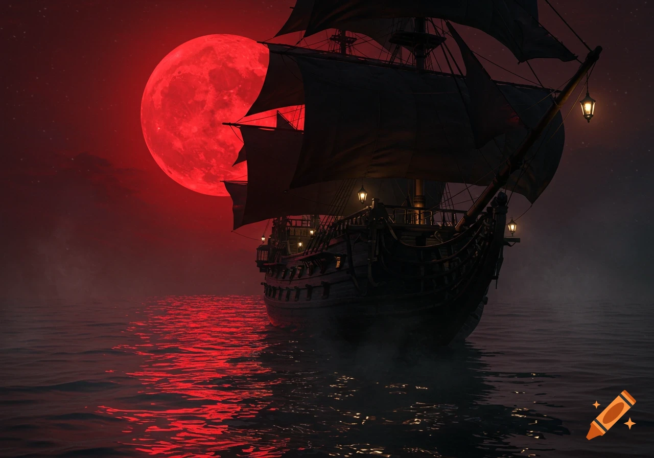 A dark pirate ship with black sails floats on a red-lit ocean at night, silhouetted against a large, glowing red moon.