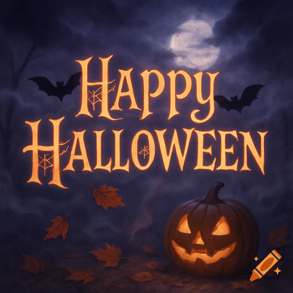 A festive Halloween scene with glowing 'Happy Halloween' text, a lit jack-o'-lantern, bats, and falling leaves under a full moon at night.