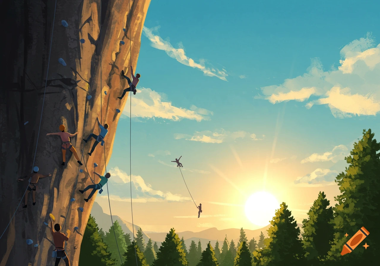 An artistic illustration of multiple climbers scaling a towering rock face at sunset with a forest below.