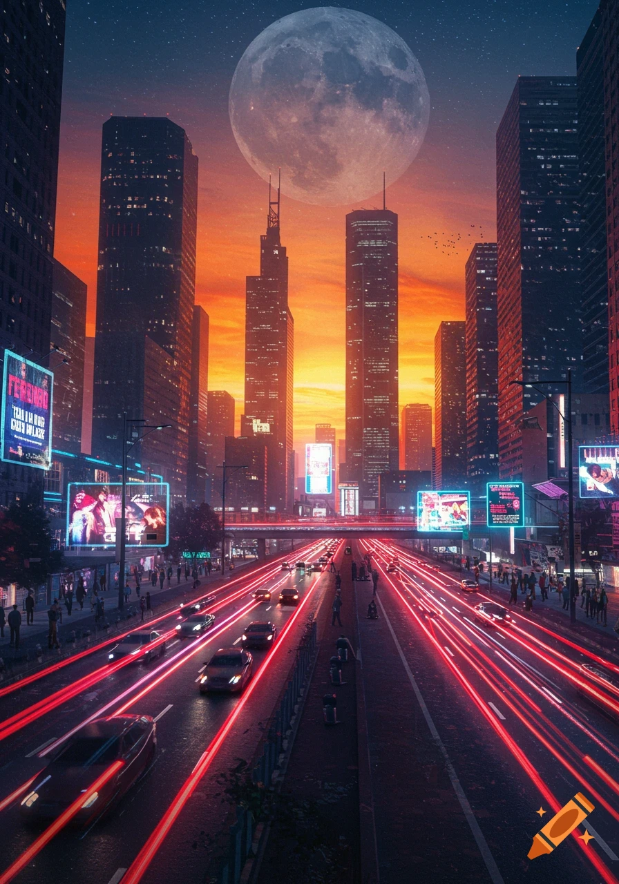 A futuristic city at dusk with a massive full moon above skyscrapers ...