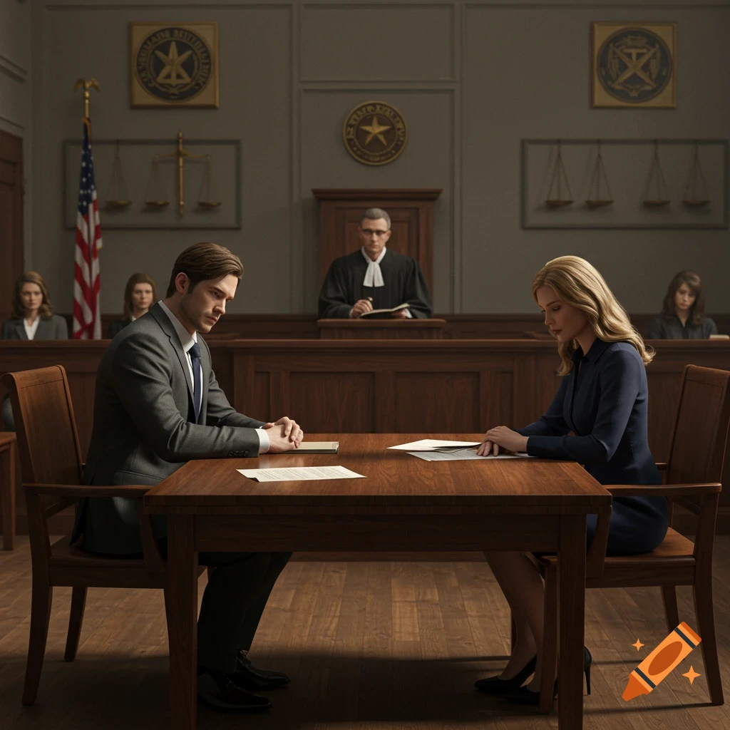 Photorealistic image of a man and woman in a courtroom, seated opposite each other with a judge presiding.