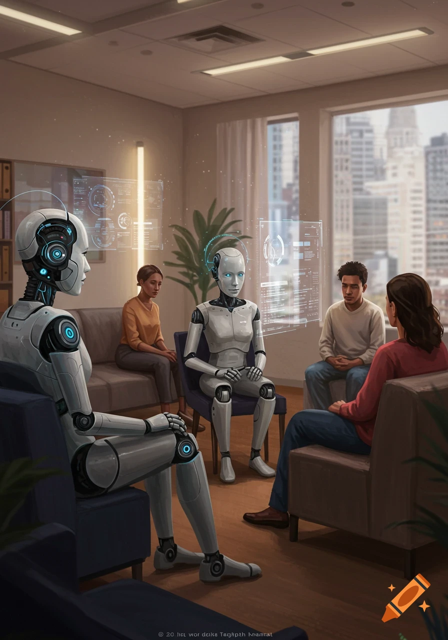 Two robots and two humans sit in a circle in a modern office, appearing to have a counseling session, with holographic data displays floating around the robots.