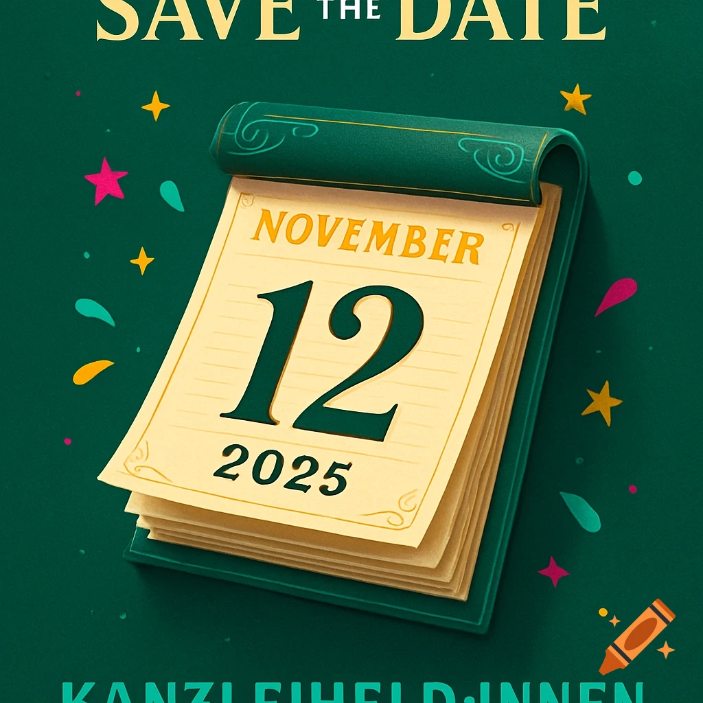 An illustration of a calendar page displaying 'SAVE THE DATE NOVEMBER 12 2025' on a dark green background with confetti.