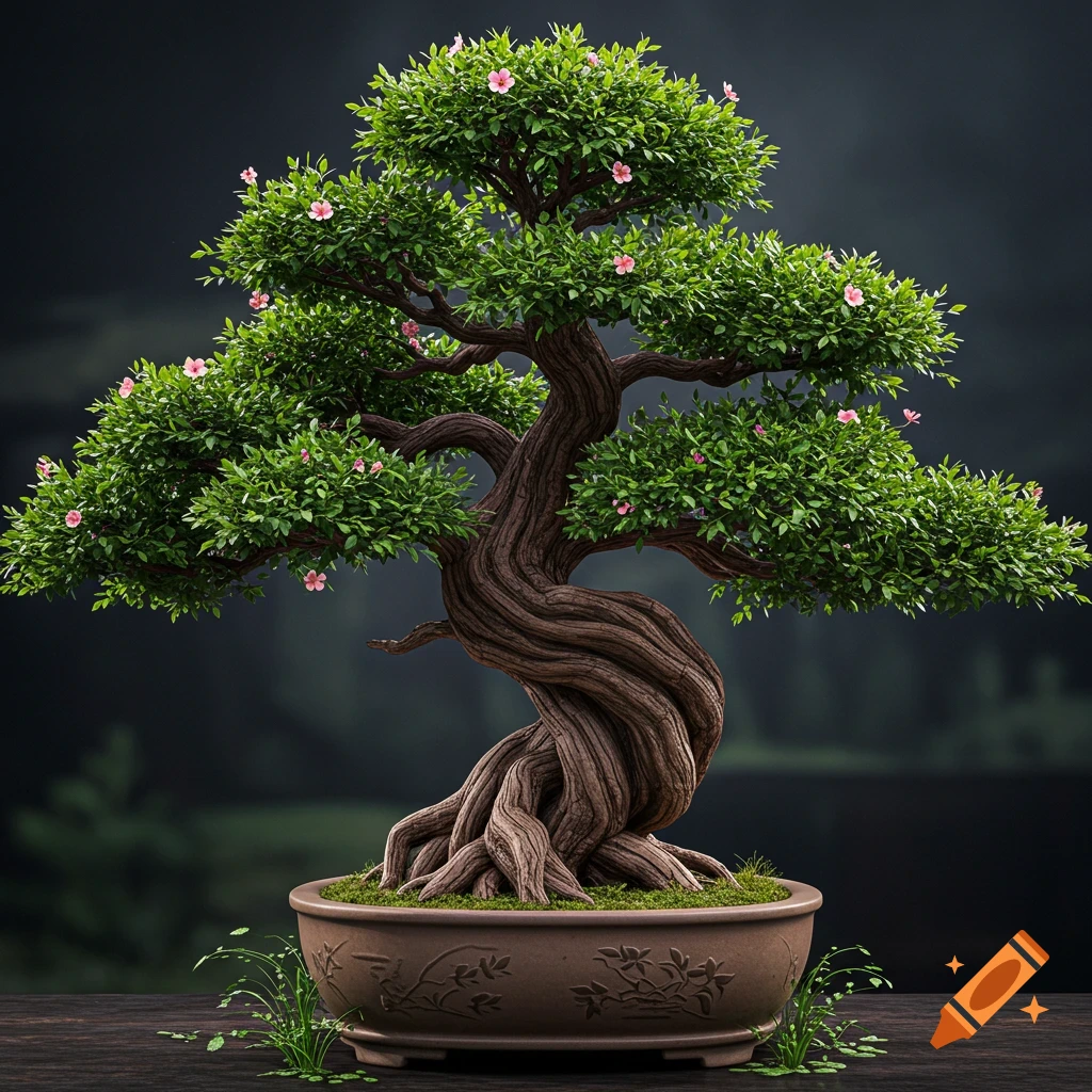 A detailed bonsai tree with a gnarled trunk, lush green leaves, and delicate pink flowers in an ornate pot.