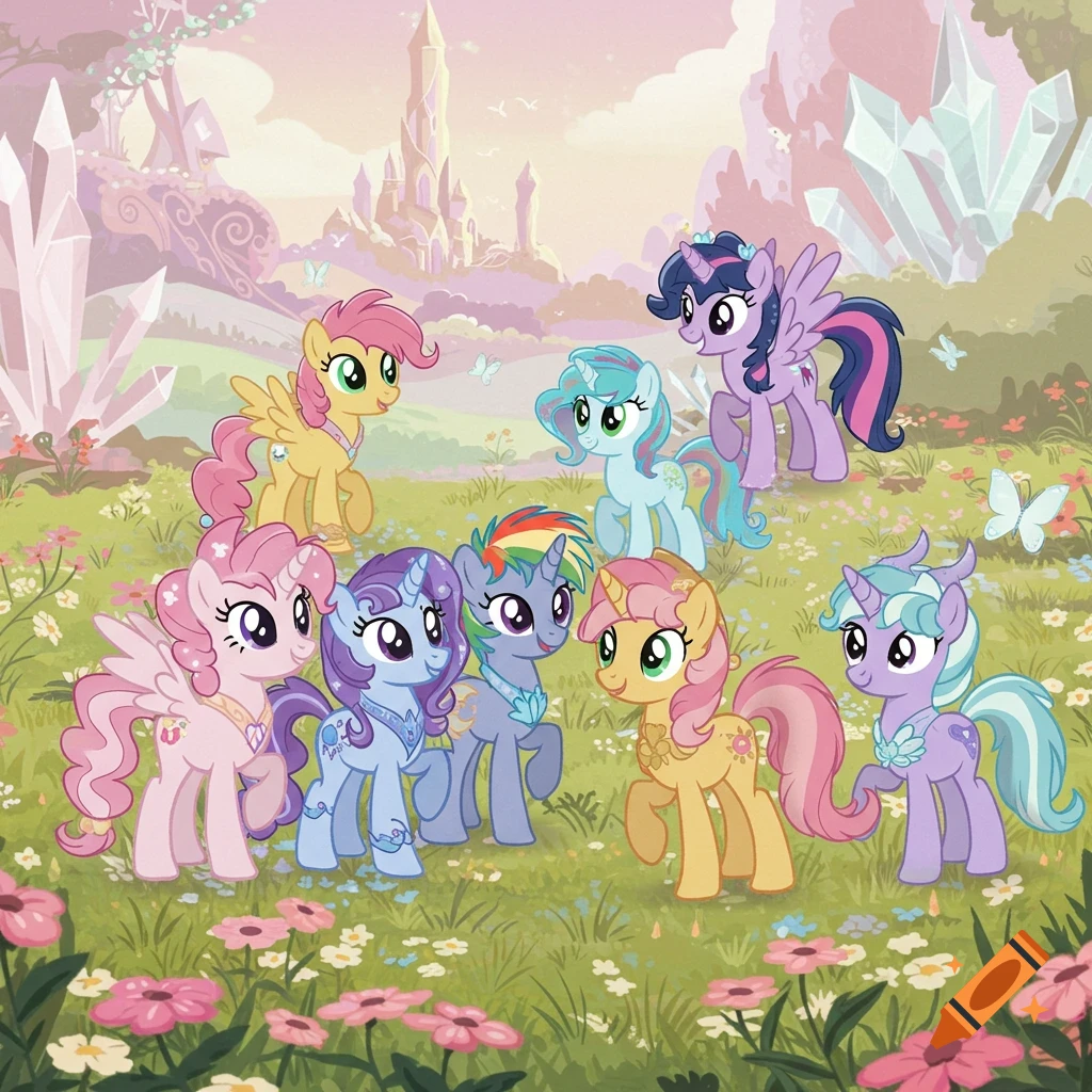 Several colorful cartoon ponies stand in a flower-filled field with a fairytale castle and crystals in the background.