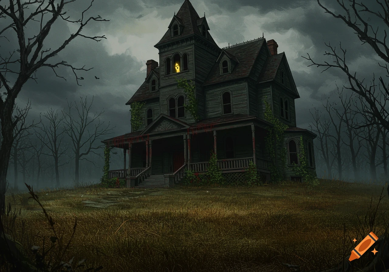 A gloomy, dilapidated haunted mansion with a ghostly yellow light in an attic window, surrounded by bare trees and dry grass under a dark sky, digital art.