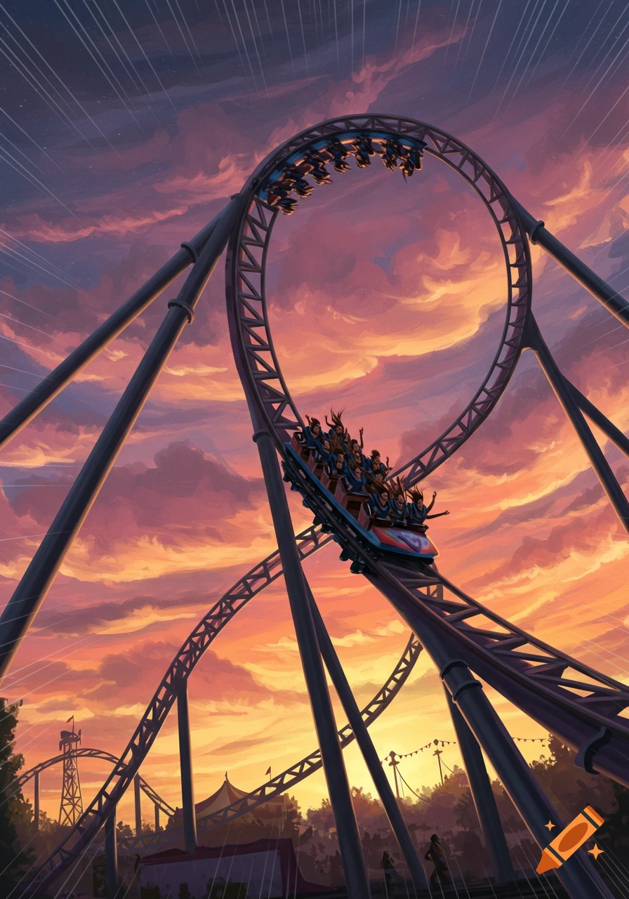 An illustrative image of a roller coaster full of riders going through a loop at sunset in an amusement park.