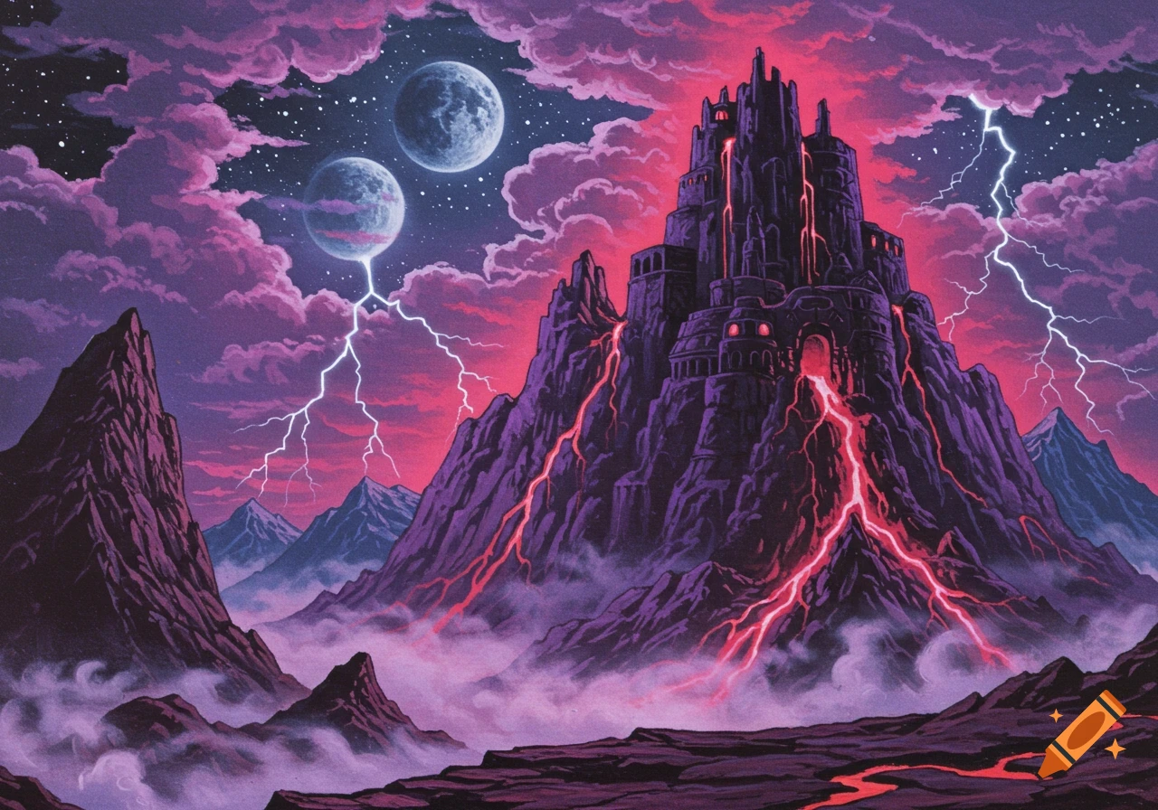 A retro hand-painted fantasy landscape with a dark fortress on a mountain, glowing lava, lightning, two moons in a cosmic purple sky, and misty ground.
