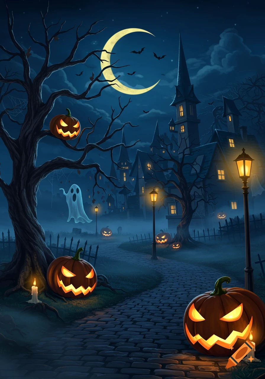 A spooky Halloween night scene with jack-o'-lanterns, a ghost, a haunted house, and bare trees under a crescent moon.