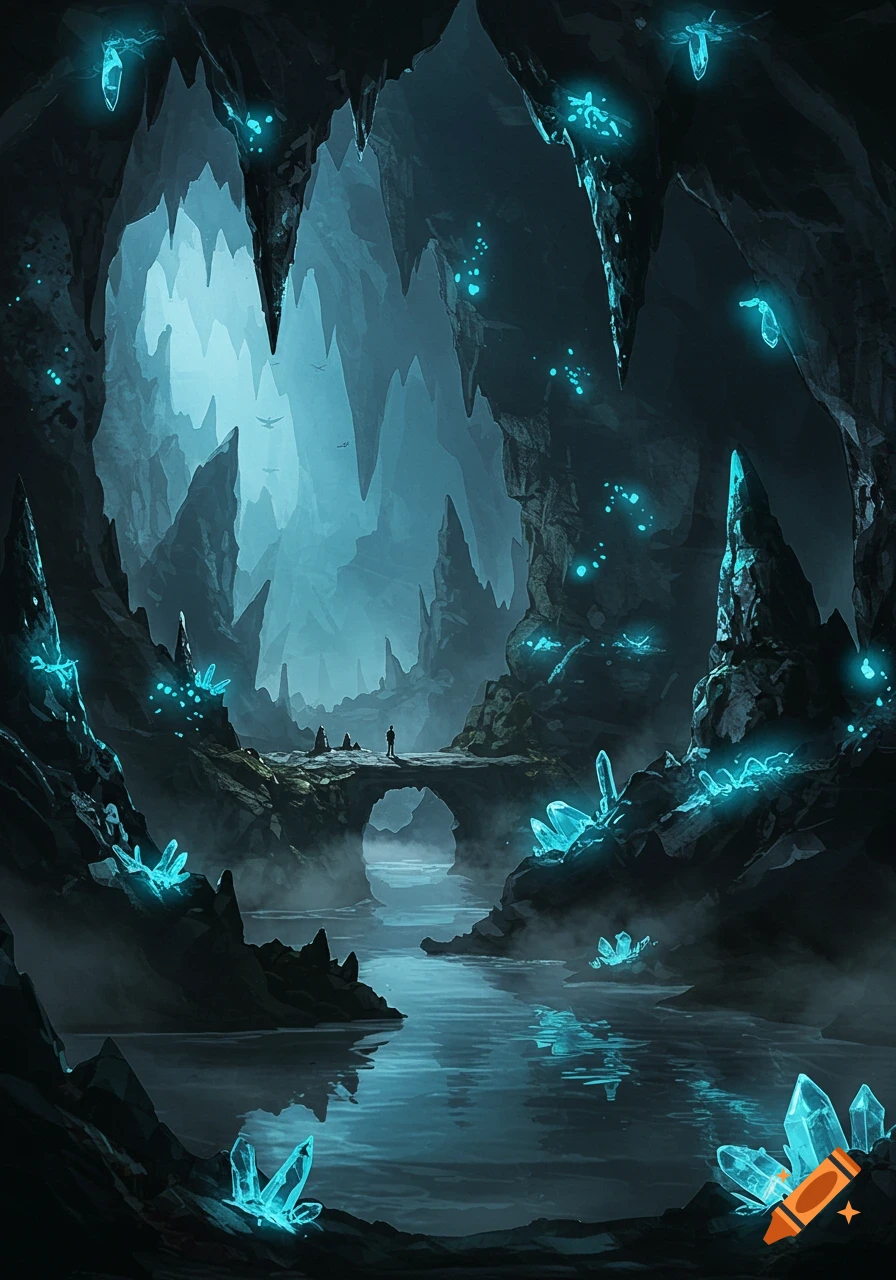 A dark fantasy cave illuminated by glowing turquoise crystals and a river, with a small bridge and distant figures.