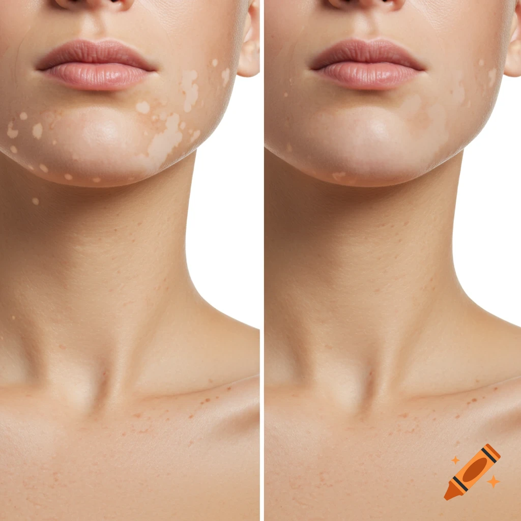 Photorealistic comparison of a female neck and chin, showing vitiligo patches on the left and improved skin with repigmentation on the right.