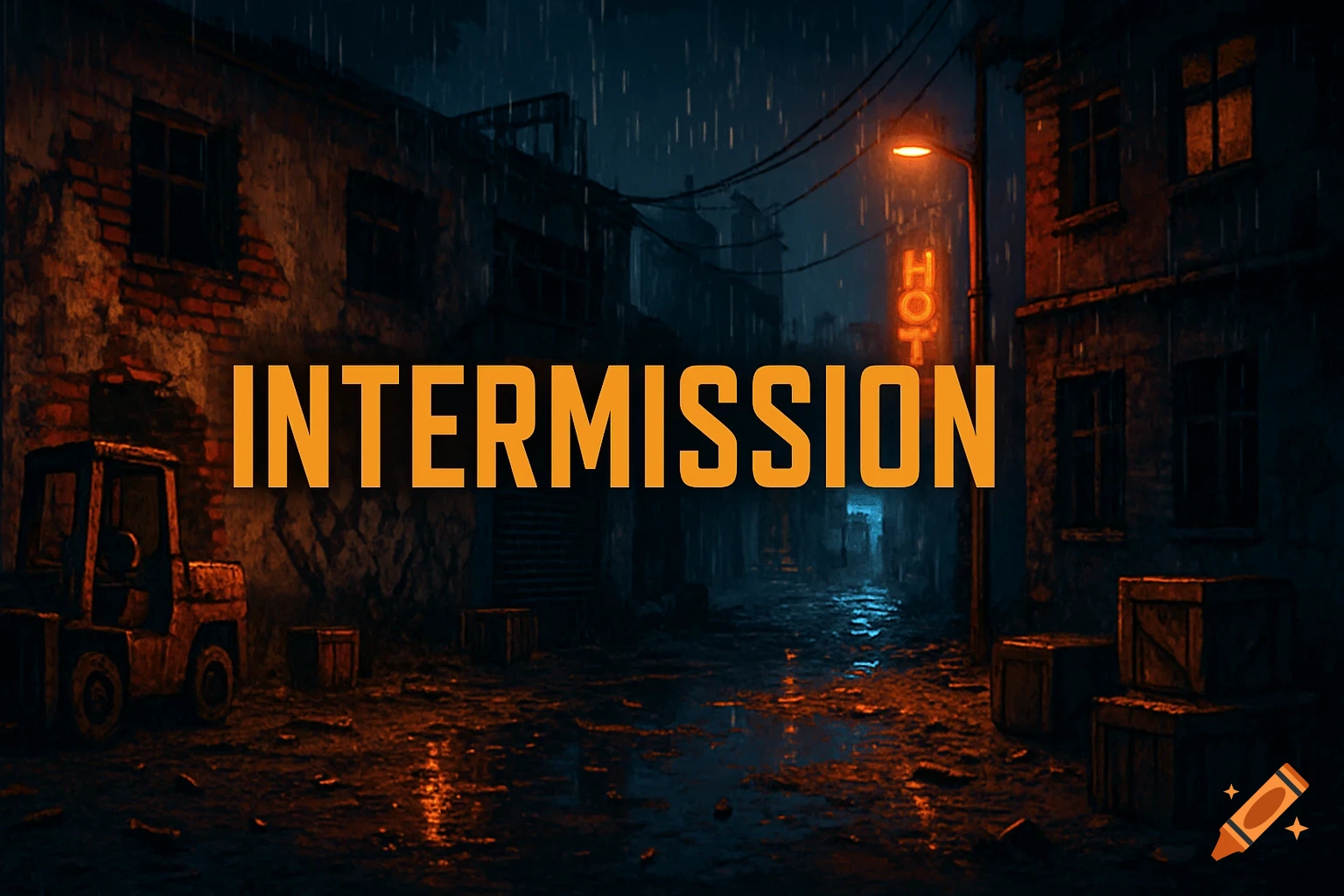 A dark, rainy alleyway at night with dilapidated buildings, an orange neon street light, a forklift, crates, and large orange text that reads "INTERMISSION" in the center. The style is gritty and urban.