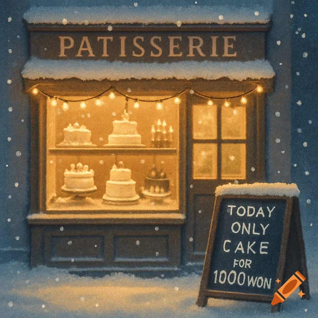 A snowy patisserie storefront with warm lights, displaying cakes in the window and a chalkboard sign advertising a cake for 1000 won.