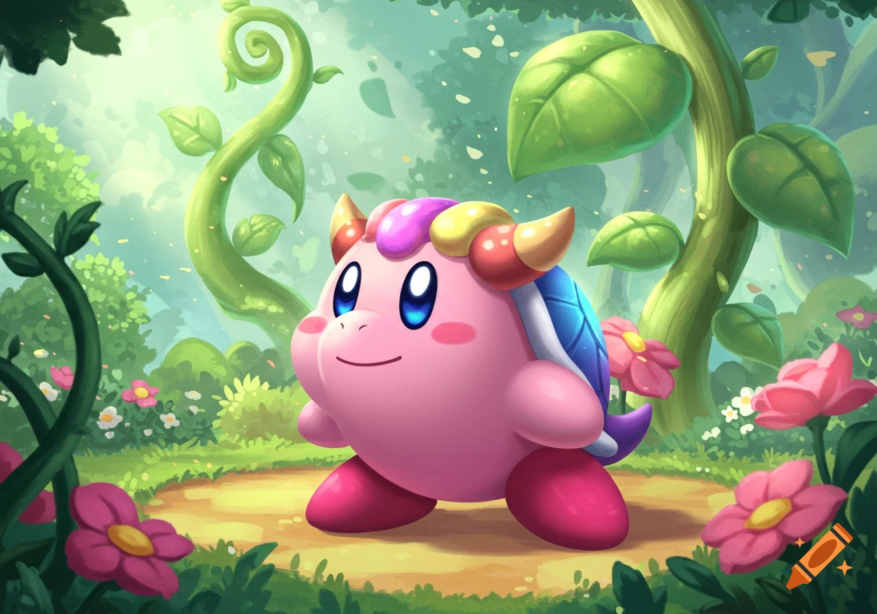 A cute, cartoonish pink character with colorful horns and a blue shell-like back stands in a whimsical forest with vines, large leaves, and pink flowers.