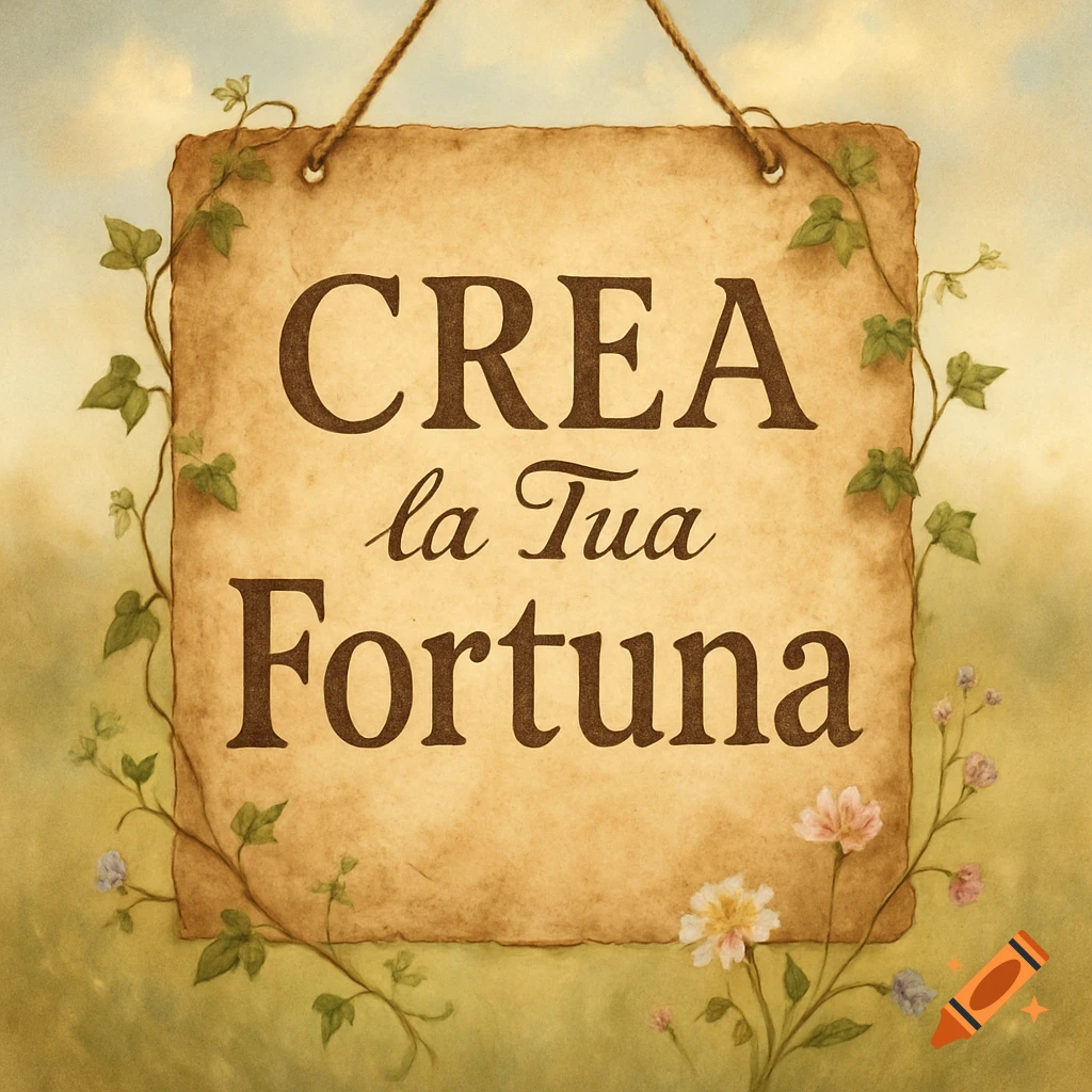 A vintage parchment sign with ivy and flowers displays 'CREA la Tua Fortuna' (Create Your Fortune).