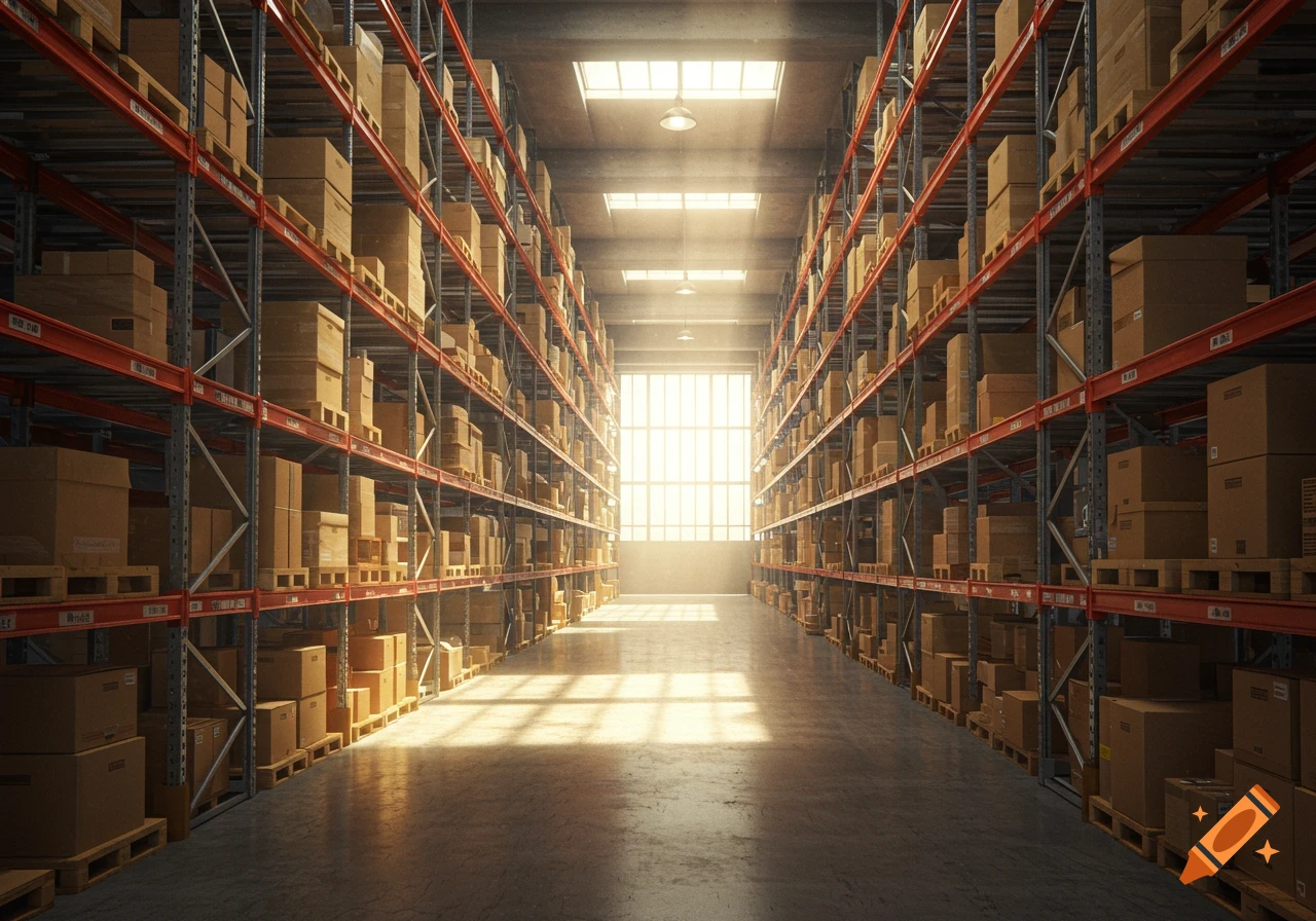 A long, brightly lit warehouse aisle with tall metal shelves packed with cardboard boxes on wooden pallets, leading to a large window.