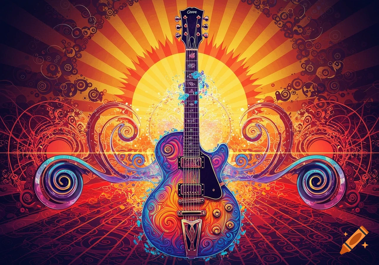 Vibrant, psychedelic electric guitar with swirling patterns on a background of sunburst and abstract designs.