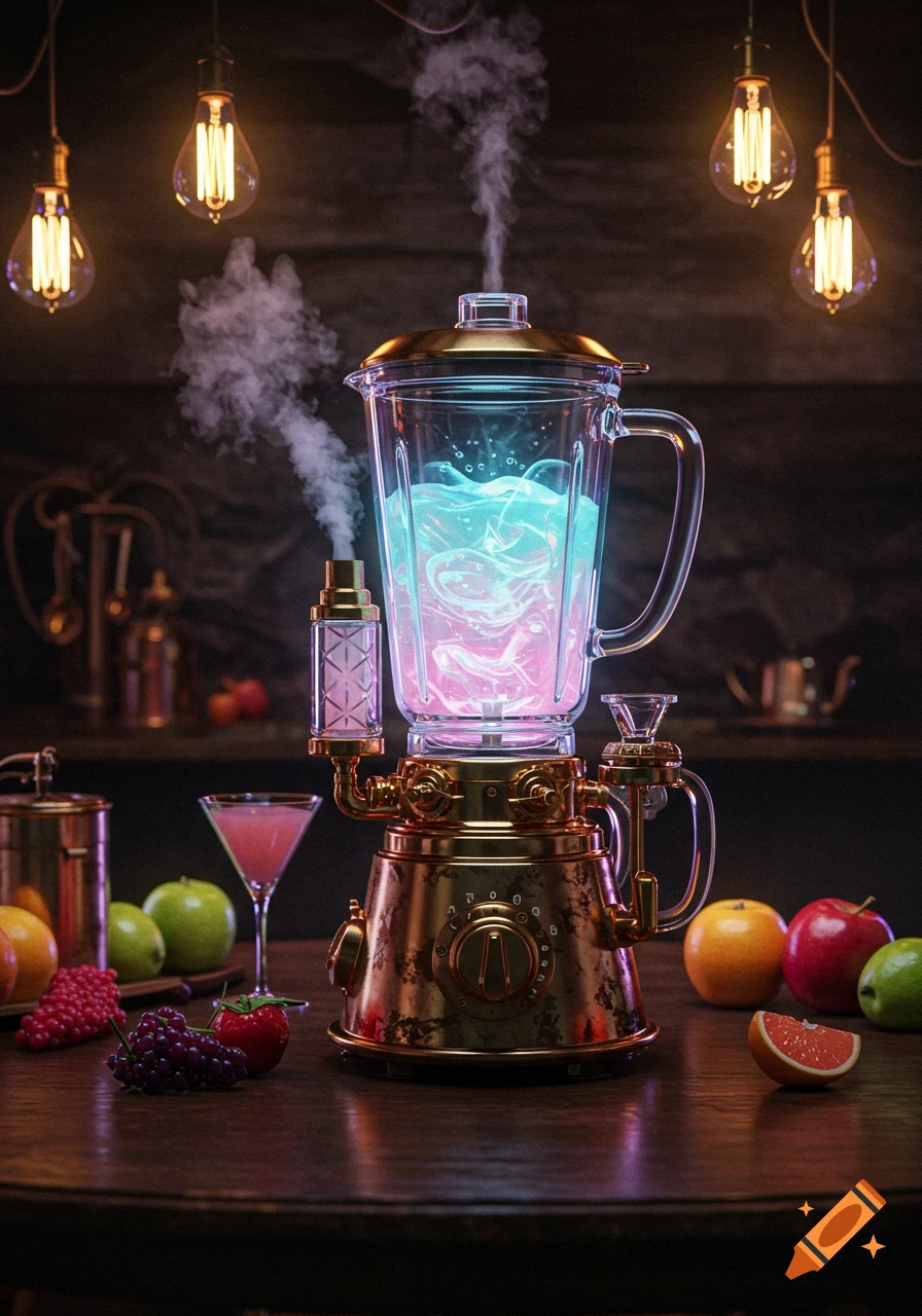 A detailed, glowing steampunk blender on a wooden table with fruit, illuminated by Edison bulbs.