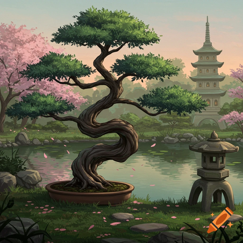A stylized illustration of a traditional Japanese garden with a large bonsai tree, a pond, cherry blossoms, and a pagoda.