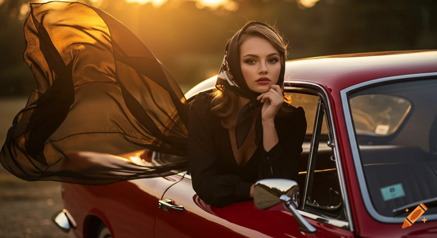 A beautiful woman in a headscarf and black dress leans out of a red vintage car, bathed in warm golden hour sunlight, with a flowing black scarf.