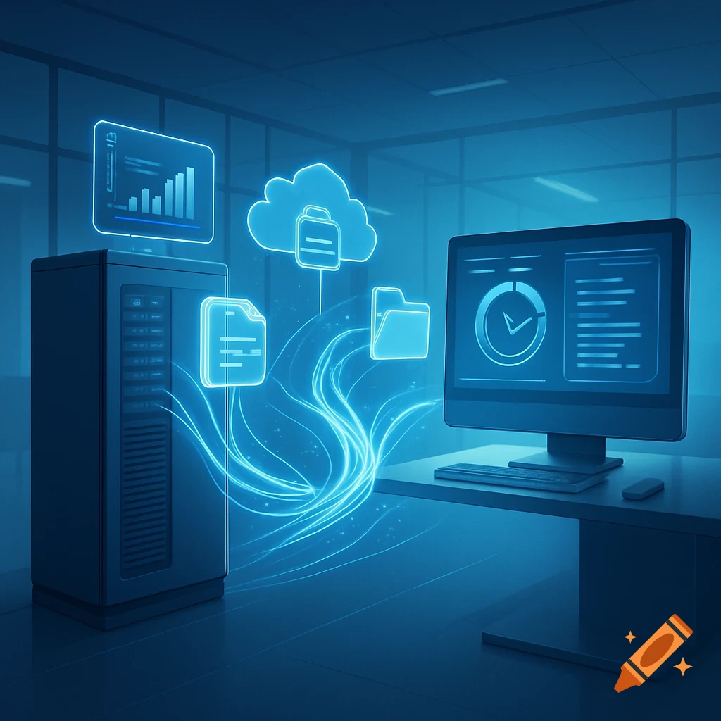 A glowing blue server, cloud, document, and folder icons connected by energy lines, with a desktop monitor displaying data dashboards.