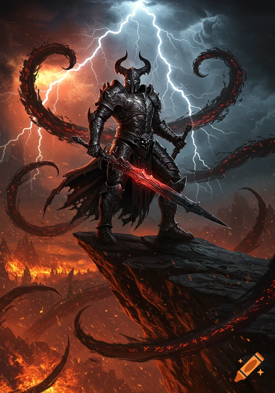 A demonic warrior in dark, horned armor with a glowing red sword stands on a jagged cliff against a stormy, lightning-filled sky and a burning, fiery landscape below.