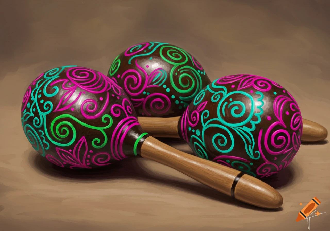Three drawn Cuban maracas with vibrant neon patterns rest on a neutral background.