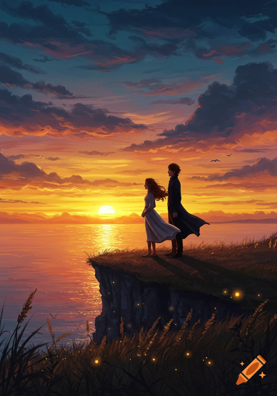 A man and a woman stand on a cliff overlooking the ocean at sunset, in a digital painting style.